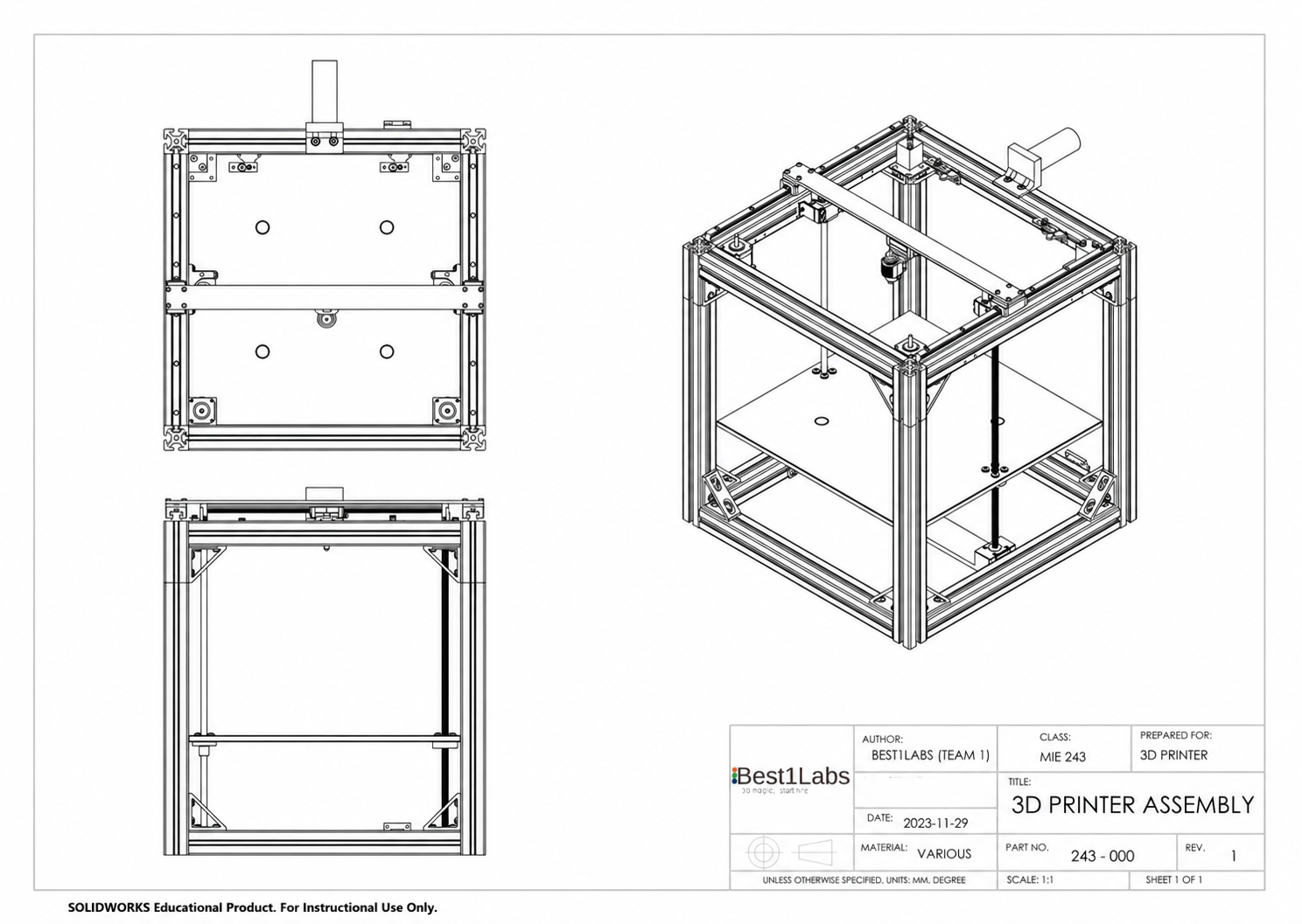 Overall assembly drawing with orthographic and isometric views.